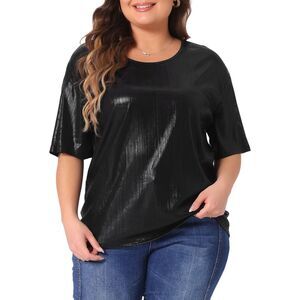 Plus Size Blouse Metallic Round Neck Short Sleeve Party Tee Top Black